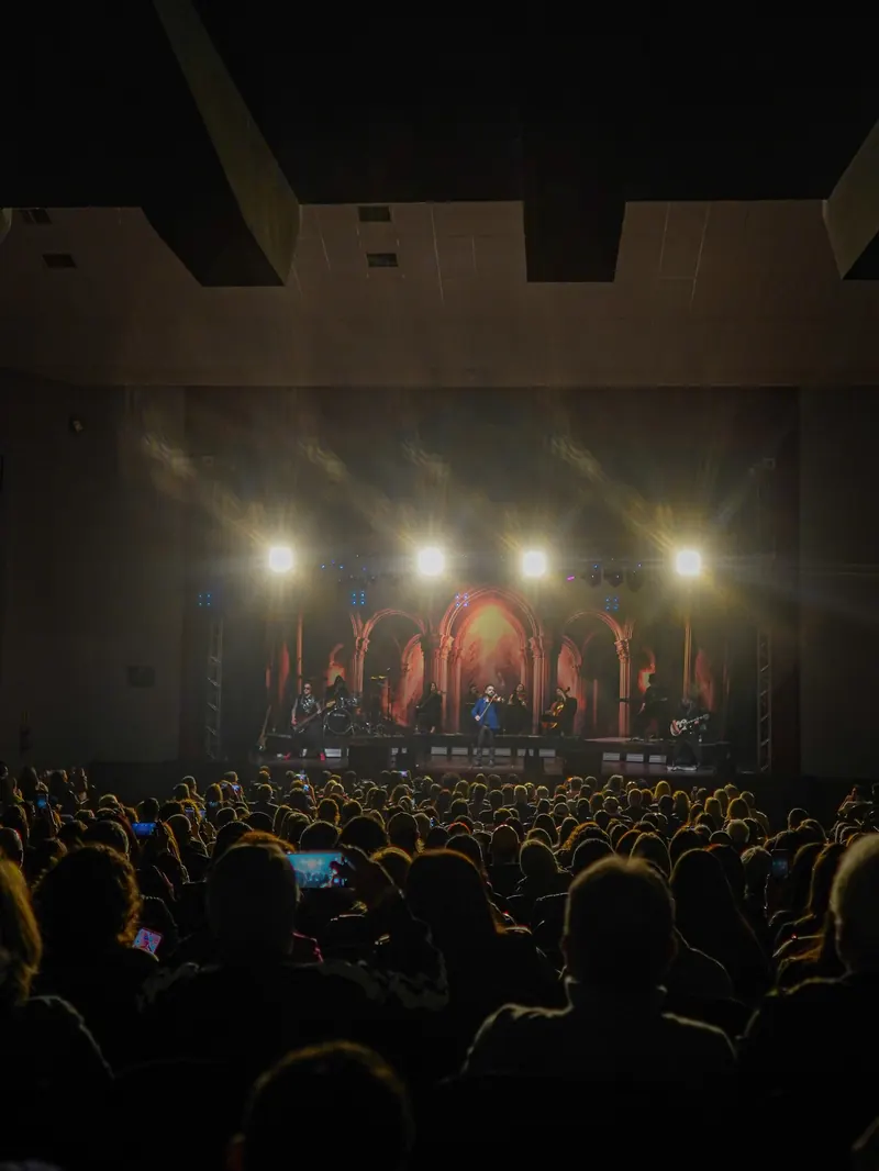 Vista do fundo do teatro: plateia no escuro e o palco iluminado ao longe
